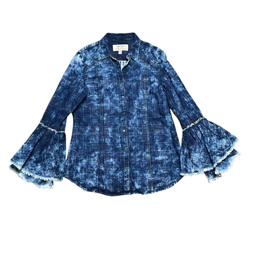 Ryan Michael Indigo Blue Tiered Sleeve Western Button Down Shirt Size Medium - Picture 2 of 12